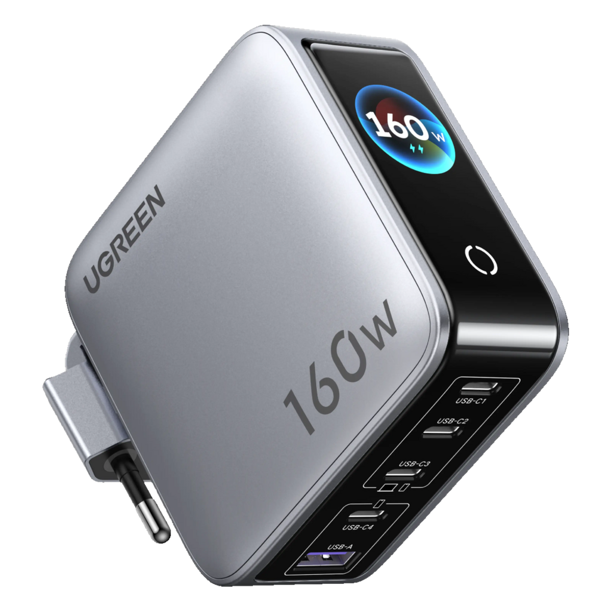UGREEN Nexode Pro 160 W GaN-oplader i farven Starlight Grey med 5 porte og frontdisplay, der viser strømeffekten.