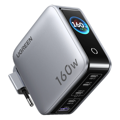 UGREEN Nexode Pro 160 W GaN-oplader i farven Starlight Grey med 5 porte og frontdisplay, der viser strømeffekten.