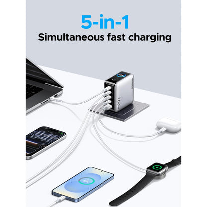 Ugreen Nexode Pro 160 W GaN-oplader, Starlight Grey, 5 porte, til bærbar computer, to mobiltelefoner, øretelefoner og smartwatch.