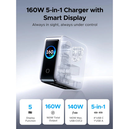 Ugreen Nexode Pro 160 W GaN-oplader, Starlight Grey, 5 porte, digitalt display med effektvisning og 4 ikoner.