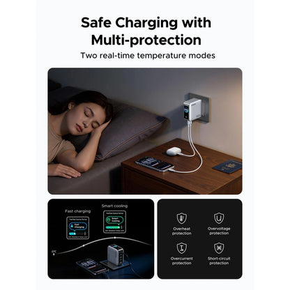 Ugreen Nexode Pro 160 W GaN-oplader, 5 porte, Starlight Grey, med indbygget stikkontakt med telefon og øretelefoner.