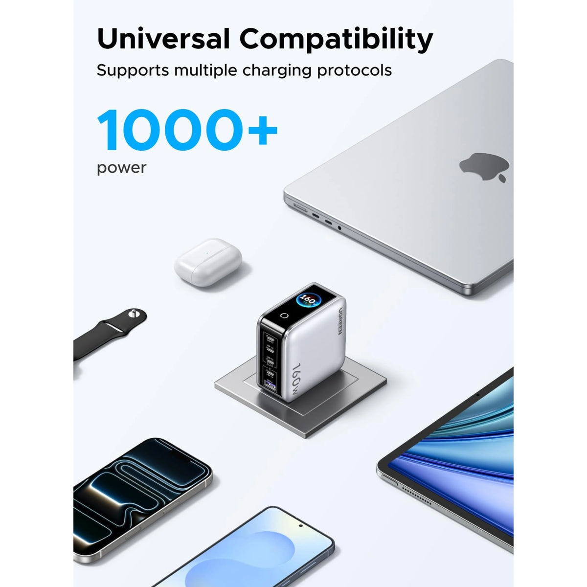 Ugreen Nexode Pro 160 W GaN-oplader, 5 porte, starlight grey, til bærbar computer, smartphone og øretelefoner.