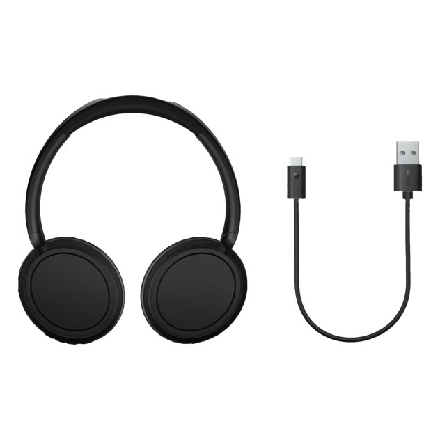 Sorter Philips 5000-serien trådløse over-ear-hovedtelefoner med Bluetooth 5.3 og USB-A til USB-C-opladerkabel.