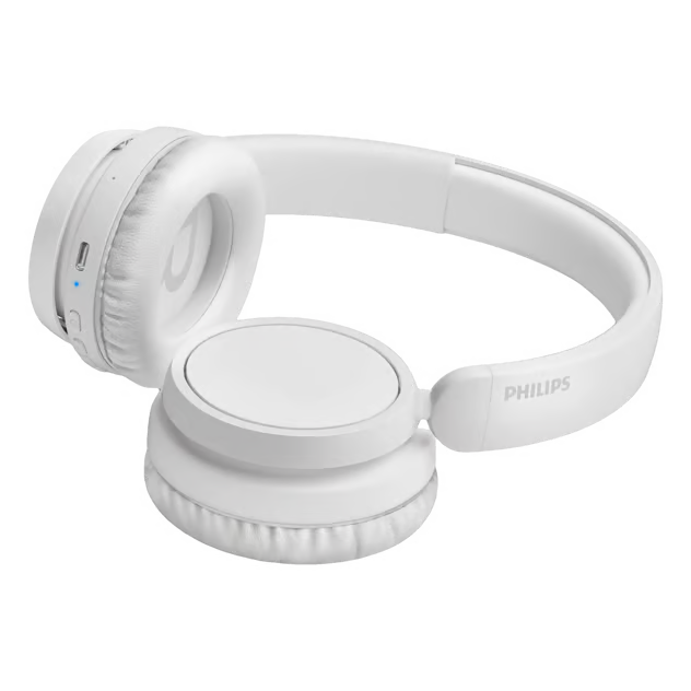 Philips 5000-serien trådløse over-ear-hovedtelefoner i hvid med Bluetooth 5.3, opladningsport og statuslampe på ørekoppen.