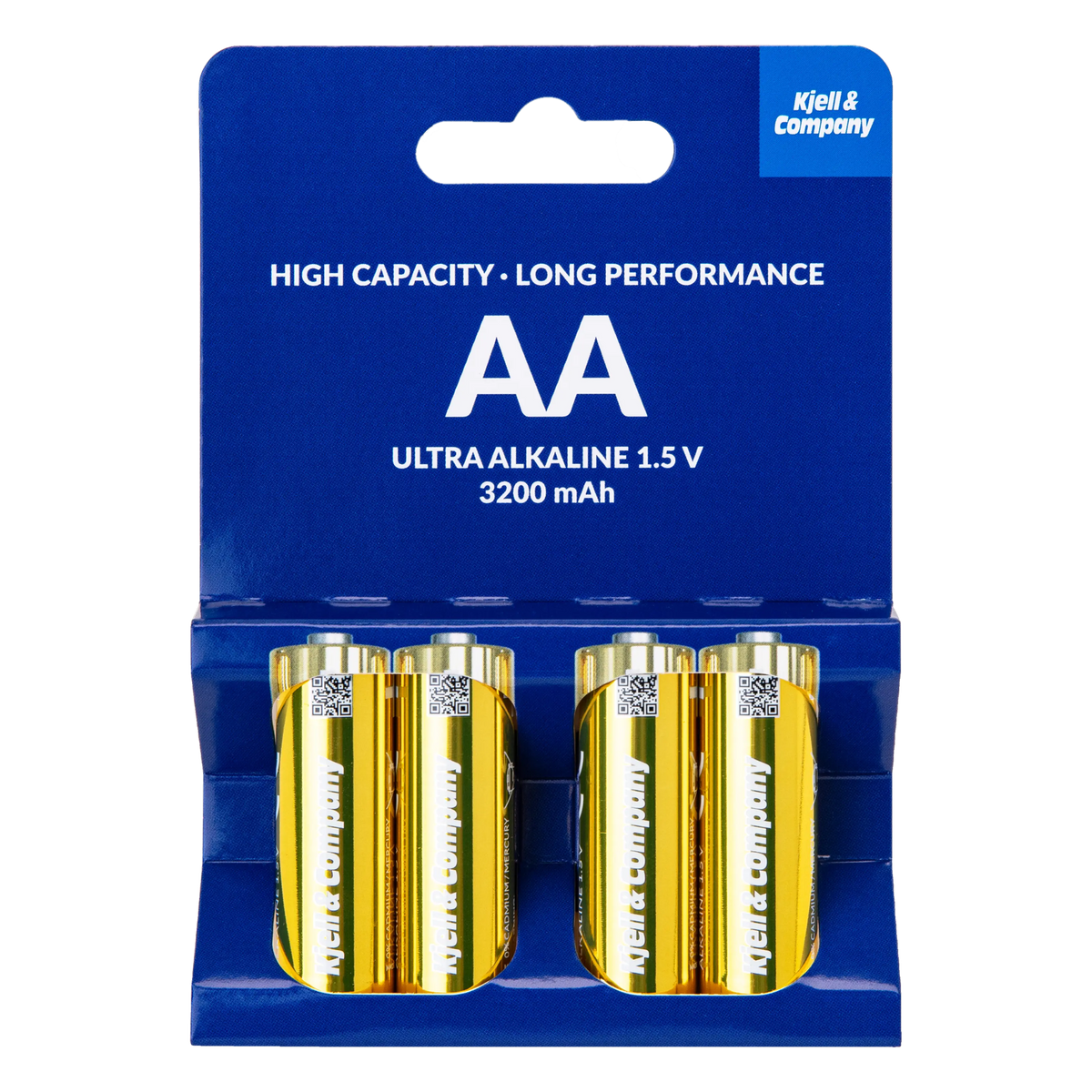 Kjell  Company Ultra Alkaline AA-batterier LR6 3200 mAh, 4-pak i guld/sølv-emballage med blåt topkort.