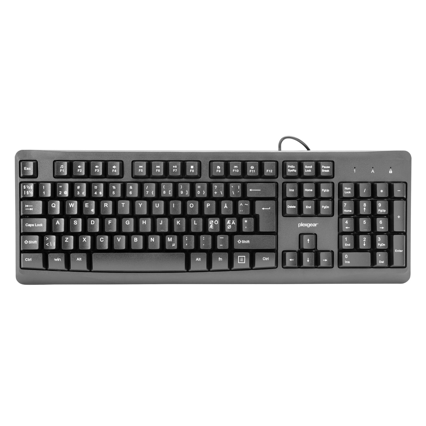 Plexgear MK101 sorterer trådbundet fuld størrelse QWERTY-tastatur med numerisk tastatur og hvide tegn USB-A til Windows.