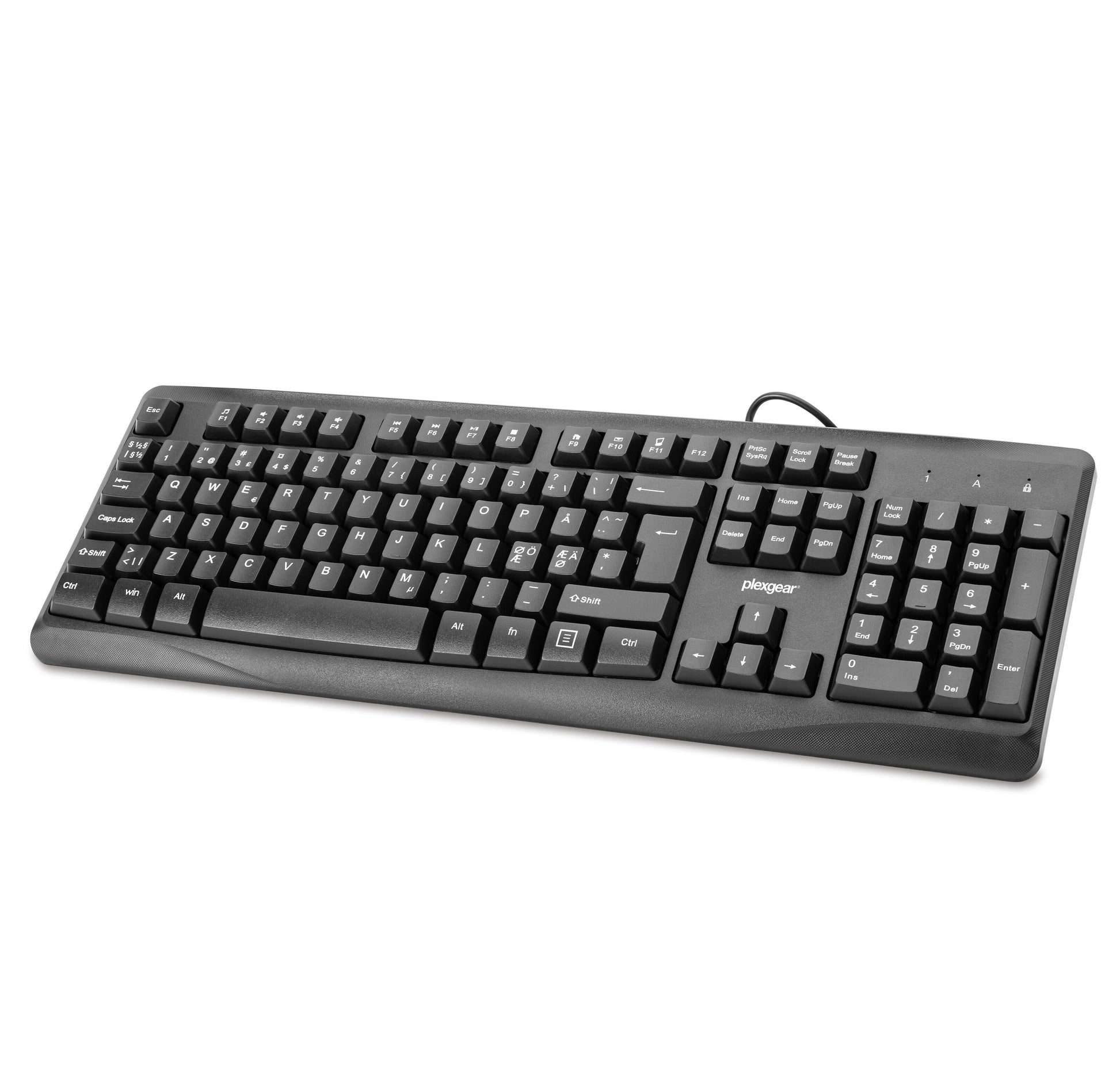 Plexgear MK101 sorterer trådbundet tastatur med USB-A, numerisk tastatur, QWERTY-layout og funktionsknapper øverst.