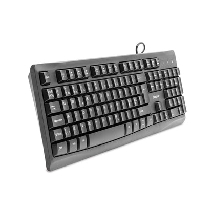 Plexgear MK101 trådet tastatur sort, fuld størrelse med QWERTY-layout, numerisk tastatur og USB-A tilslutning.