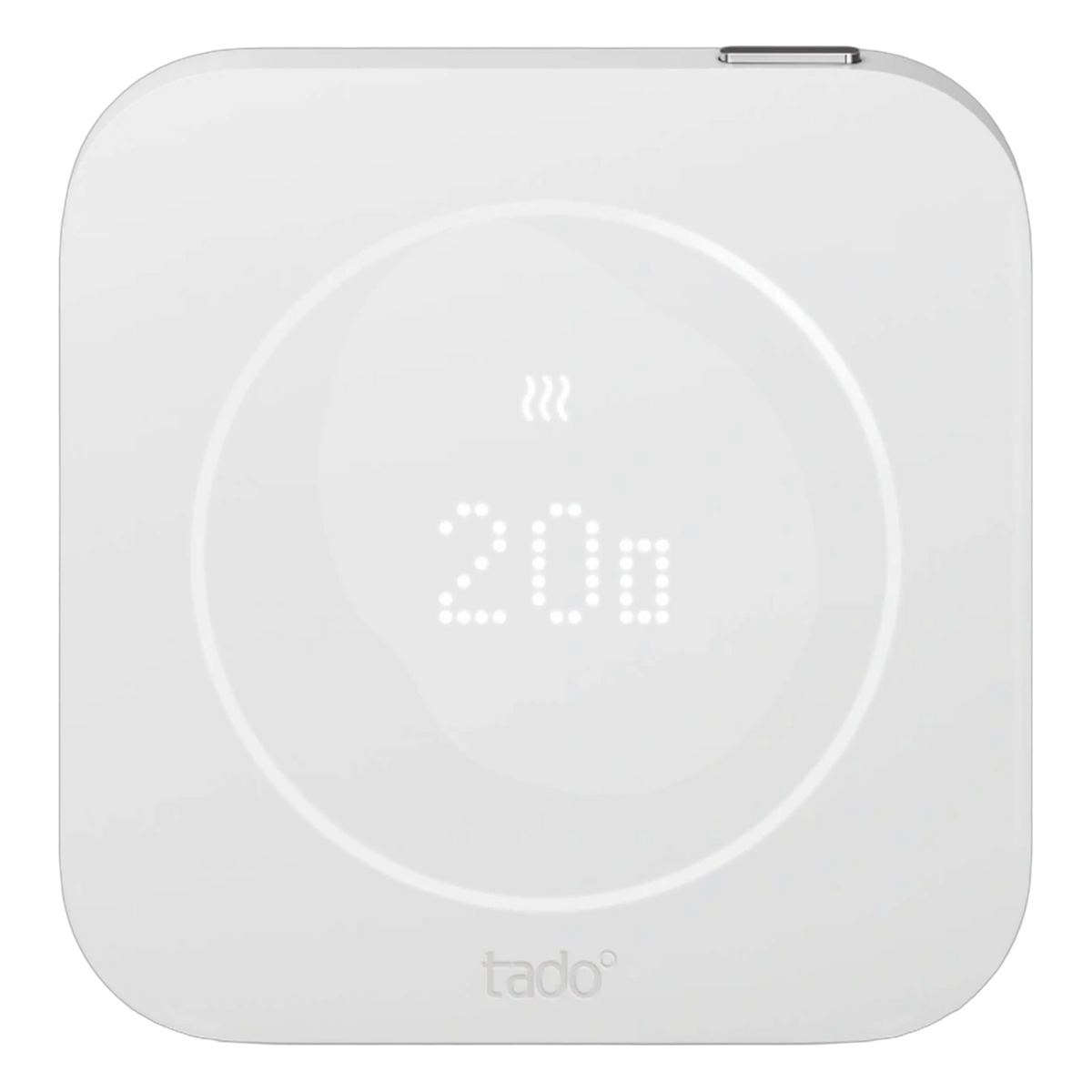 Tado° kablet smart termostat X, 2. generation, firkantet med afrundet digitalt display, temperatur og varmeikon.