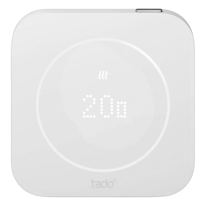 Tado° kablet smart termostat X, 2. generation, firkantet med afrundet digitalt display, temperatur og varmeikon.