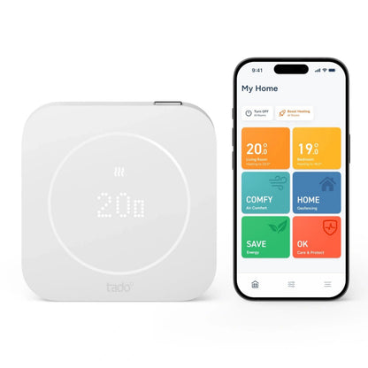 Tado° kablet smart termostat X, 2. generation, med temperaturvisning ved siden af smartphonen via klima-app’en.