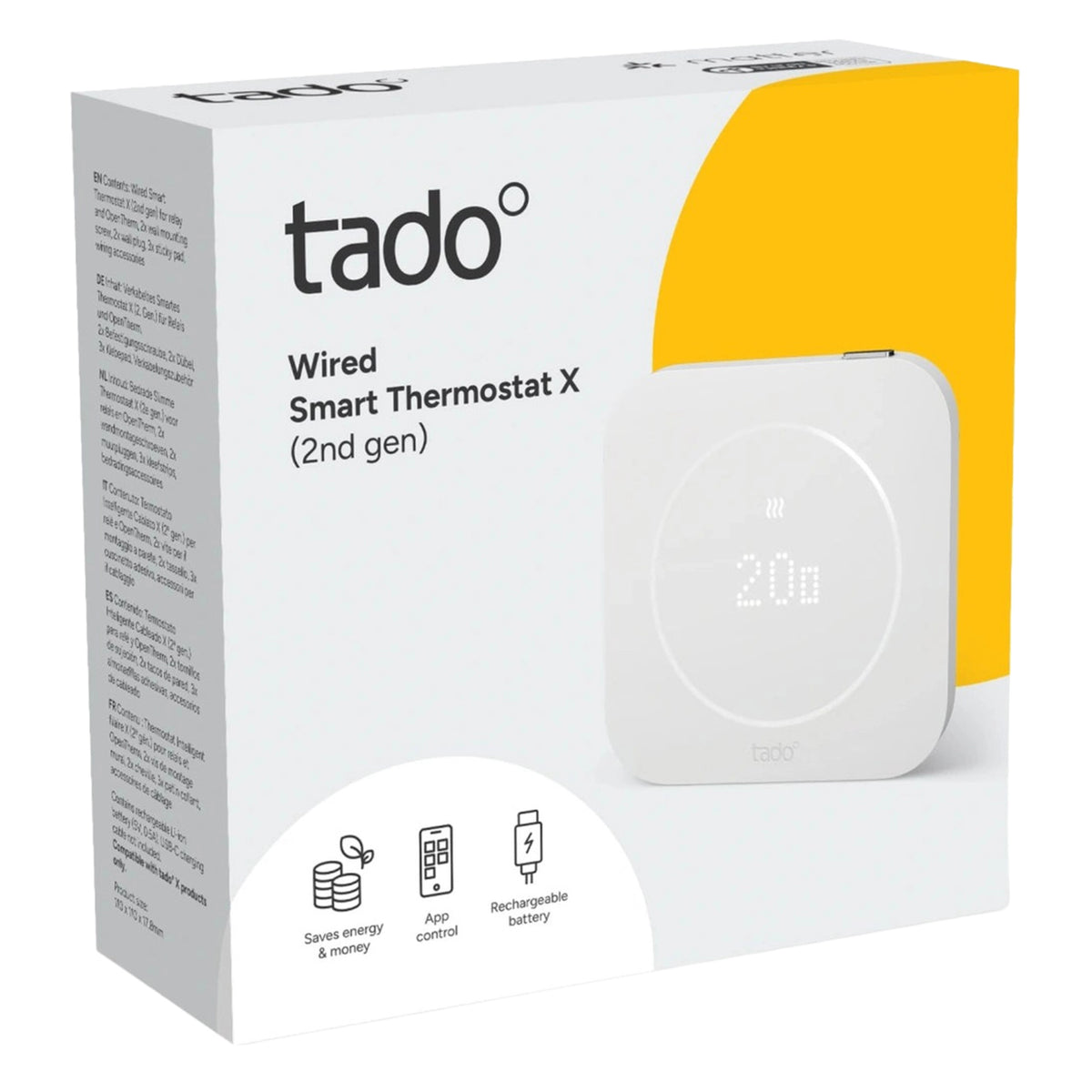 Tado° Wired Smart Thermostat X i emballage med et firkantet display, der viser temperaturen.