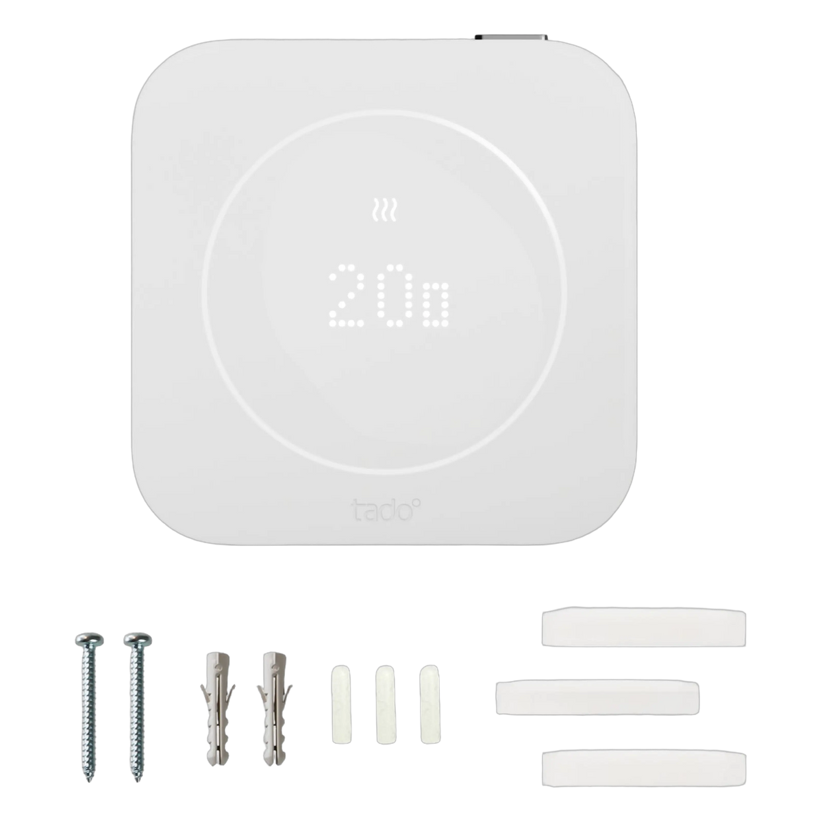 Tado° kablet smart termostat X, 2. generation, med digitalt display, 2 skruer, 2 vægplugger, 3 klæbestrimler og 3 monteringspuder.
