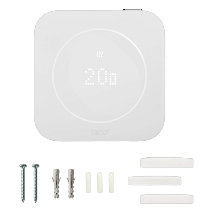 Tado° kablet smart termostat X, 2. generation, med digitalt display, 2 skruer, 2 vægplugger, 3 klæbestrimler og 3 monteringspuder.