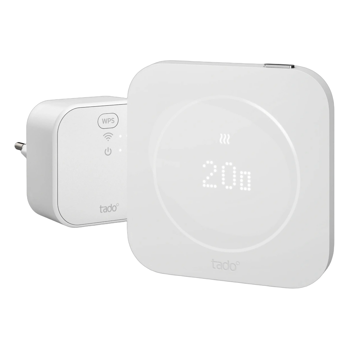 Tado Wired Smart Thermostat X (2. generation) startpakke med Bridge X, hvid firkantet termostat med display og Bridge X.
