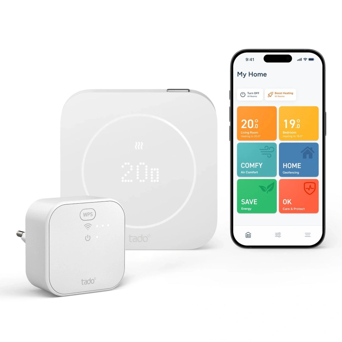 Tado° Wired Smart Thermostat X (2. generation) startpakke med Bridge X, bridge-stik og smartphone med varmeapp.