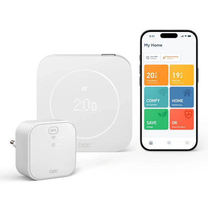 Tado° Wired Smart Thermostat X (2. generation) startpakke med Bridge X, bridge-stik og smartphone med varmeapp.