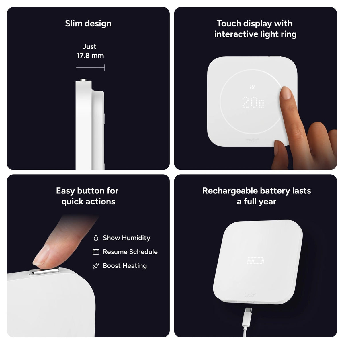 Fire-delt sæt bestående af tado° Wired Smart Thermostat X (2. generation) startpakke med Bridge X, touchskærm og opladerkabel.