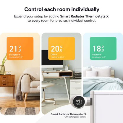 Tado° Kablet smart termostat X, 2. generation – startpakke med Bridge X og display med rumtemperaturer.