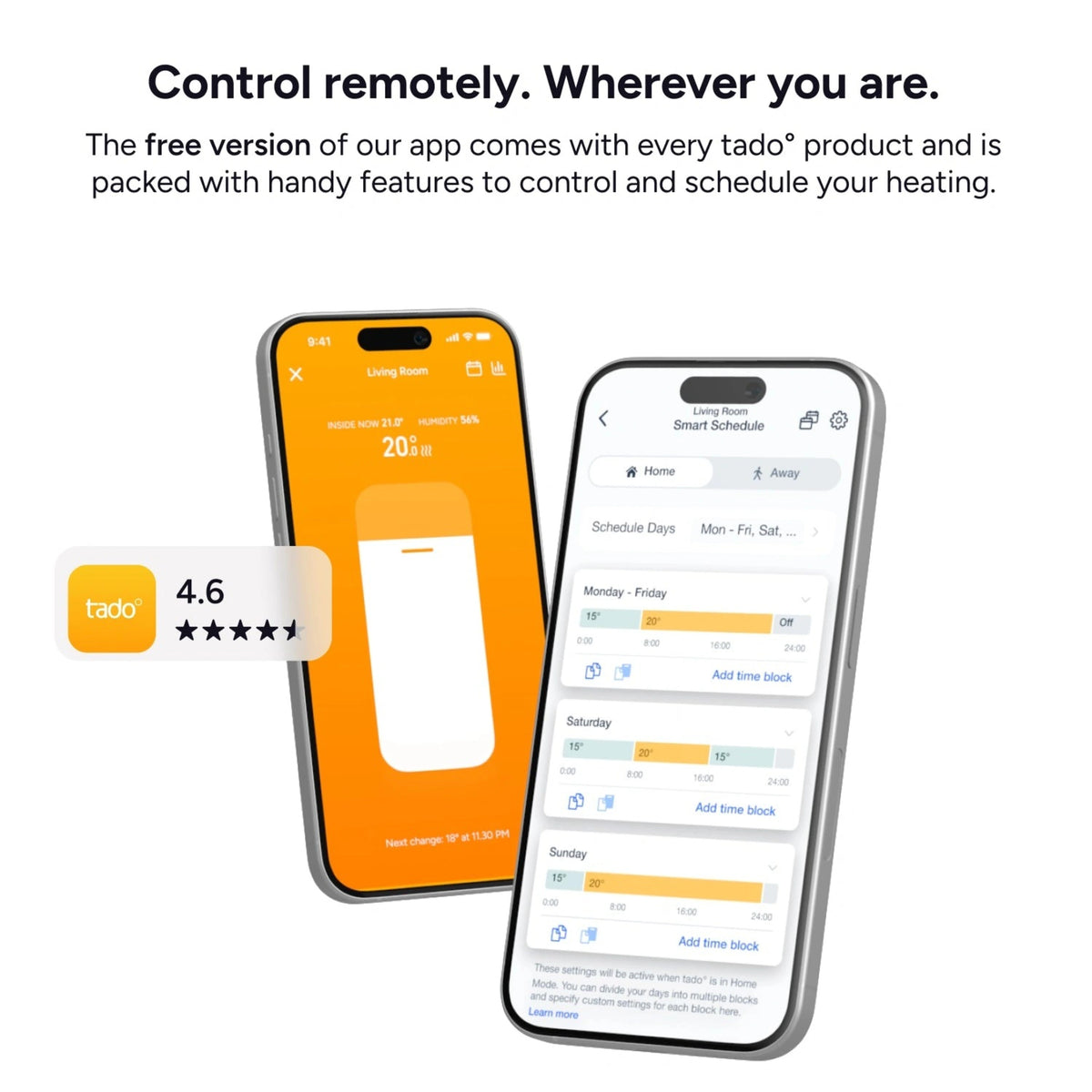 Til smartphones med tado° Wired Smart Thermostat X (2. generation) startpakke og Bridge X-app til styring af varmeanlægget.