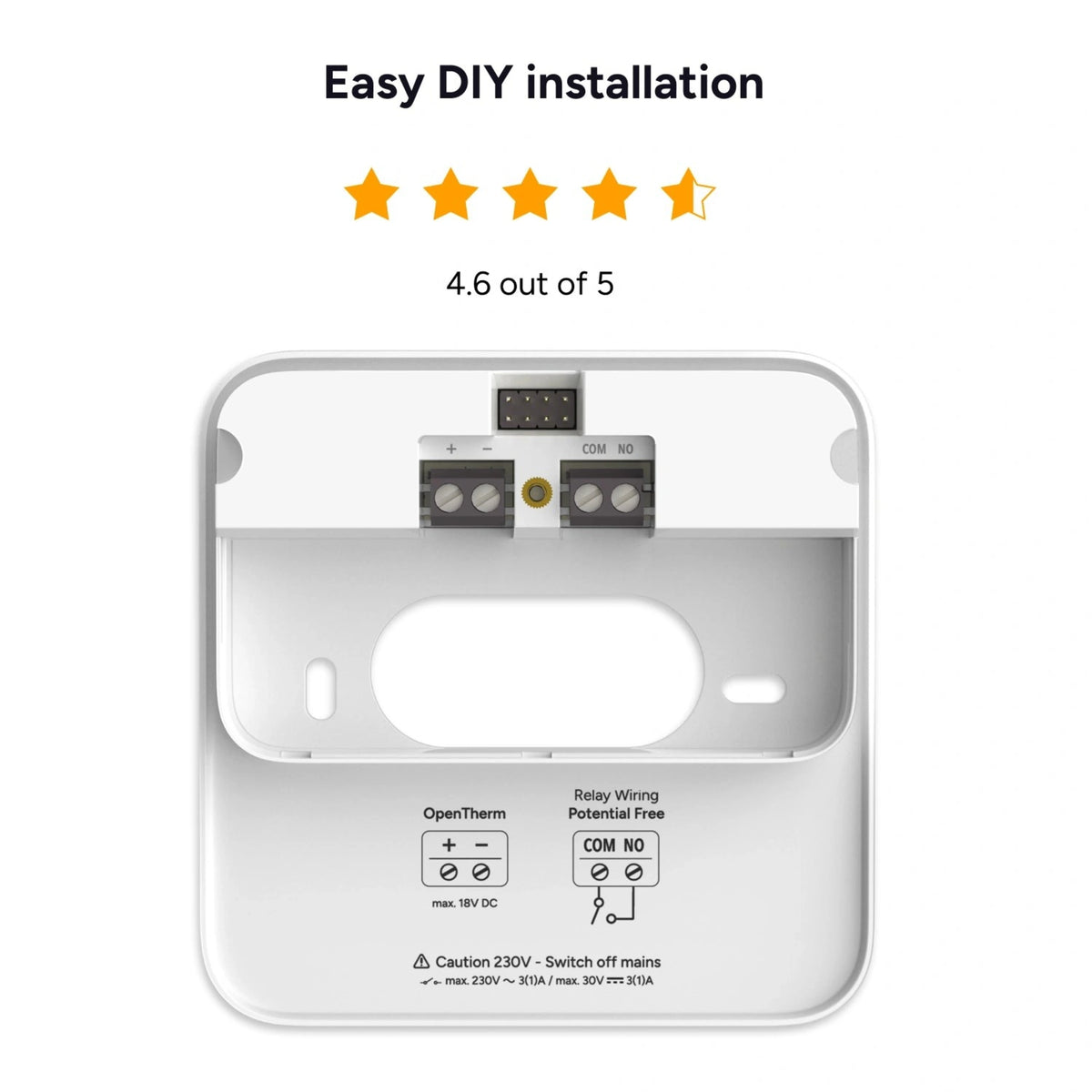 Bagsiden af tado° Wired Smart Thermostat X (2. generation) med terminaler, OpenTherm, relæ-etiketter og strømspecifikationer.