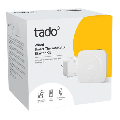 Tado° kablet smart termostat X, 2. generation, startpakke med Bridge X og firkantet display til OpenTherm-styring.