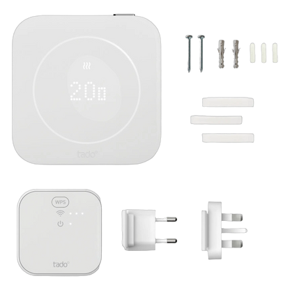 Tado° kablet smart termostat X, 2. generation, startpakke med Bridge X, digitalt display, WPS-bridge, stikadaptere og OpenTherm-sæt.
