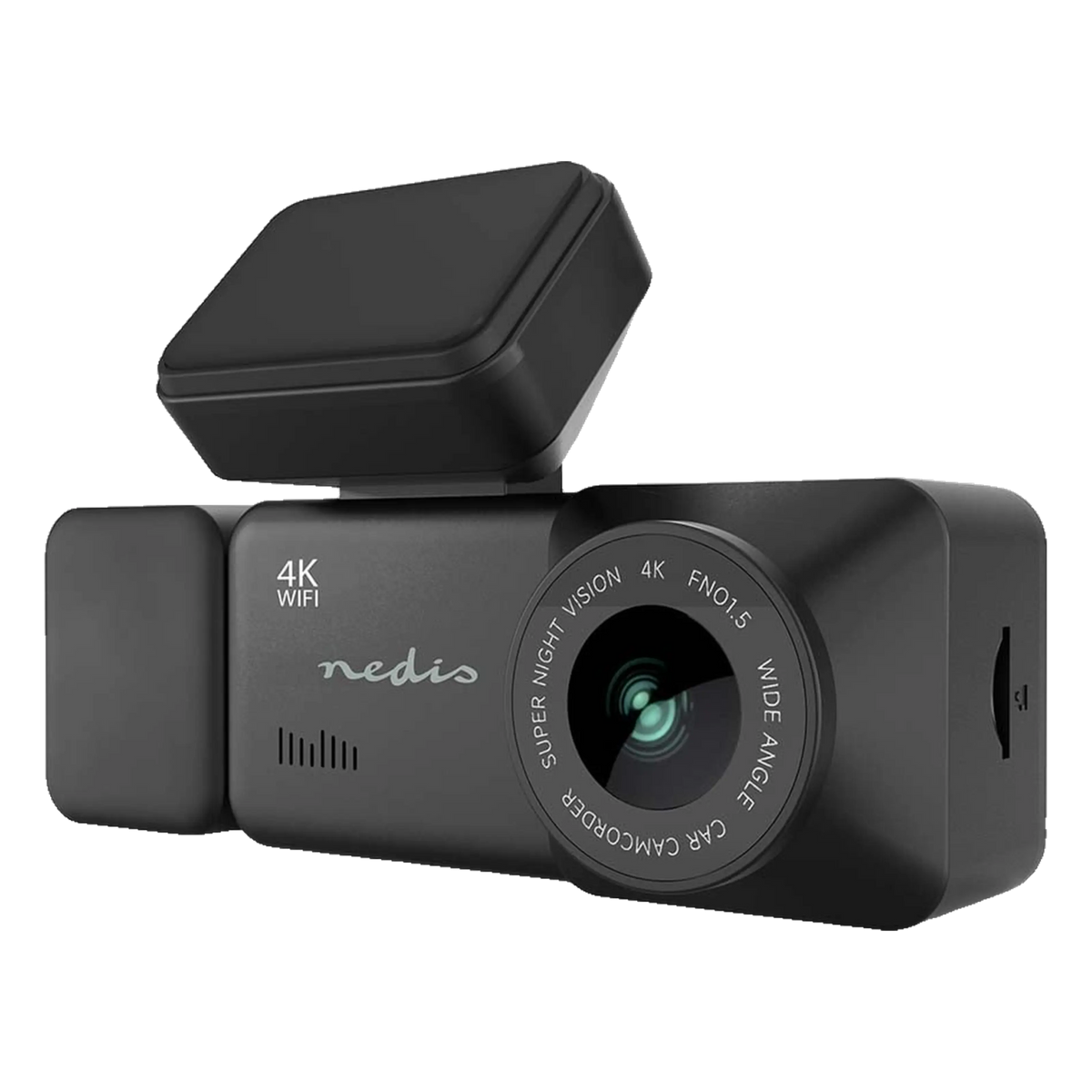 Sort Nedis 4K-dashcam med kabinekamera, GPS, Wi-Fi, justerbart topkamera og SD-kortplads i siden.