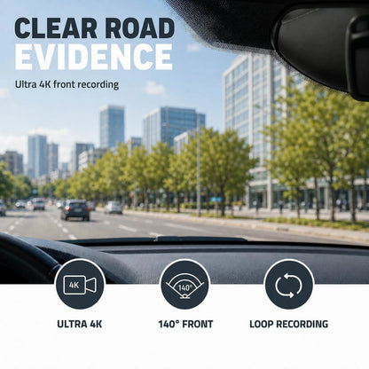 Nedis 4K-dashcam, sort, med kabinekamera, GPS, Wi-Fi, 140 graders vidvinkel og loop-optagelse.