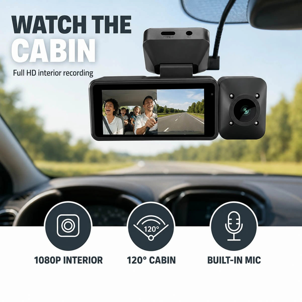 Nedis 4K-dashcam med kabinekamera, GPS, Wi-Fi og skærm, sort, dobbeltlinse, 1080p, 120 graders vidvinkel og mikrofon.