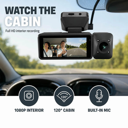 Nedis 4K-dashcam med kabinekamera, GPS, Wi-Fi og skærm, sort, dobbeltlinse, 1080p, 120 graders vidvinkel og mikrofon.