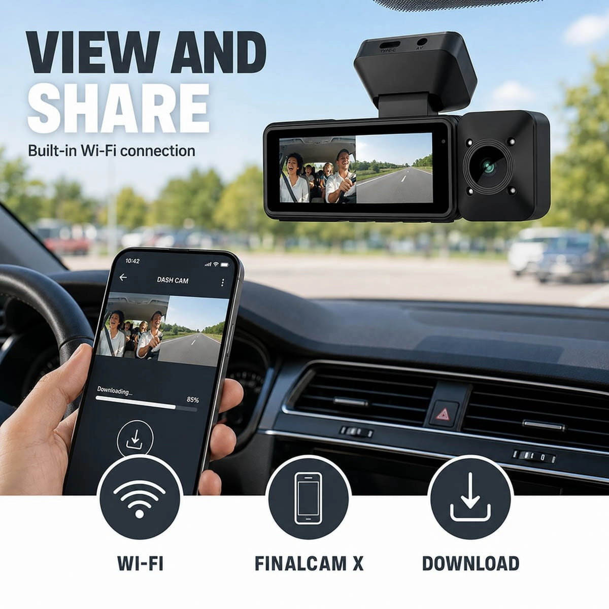 Nedis 4K-dashcam med kabinekamera, GPS og Wi-Fi i sort, monteret i forruden med visning via smartphone-app.