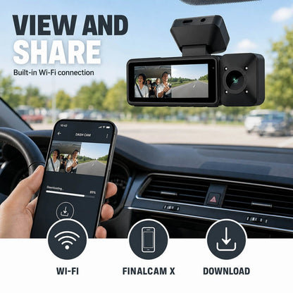 Nedis 4K-dashcam med kabinekamera, GPS og Wi-Fi i sort, monteret i forruden med visning via smartphone-app.