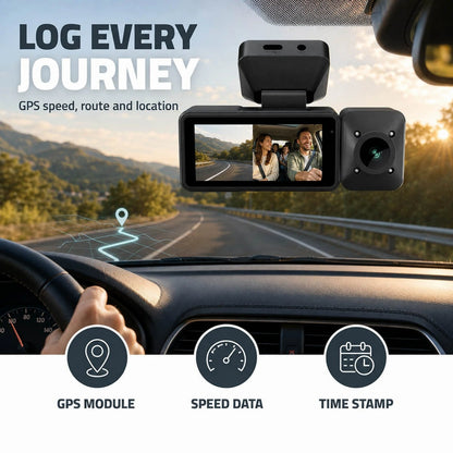 Se Nedis 4K-dashcam med kabinekamera, GPS og Wi-Fi monteret i bilen med visning af kort, hastighed og tid.