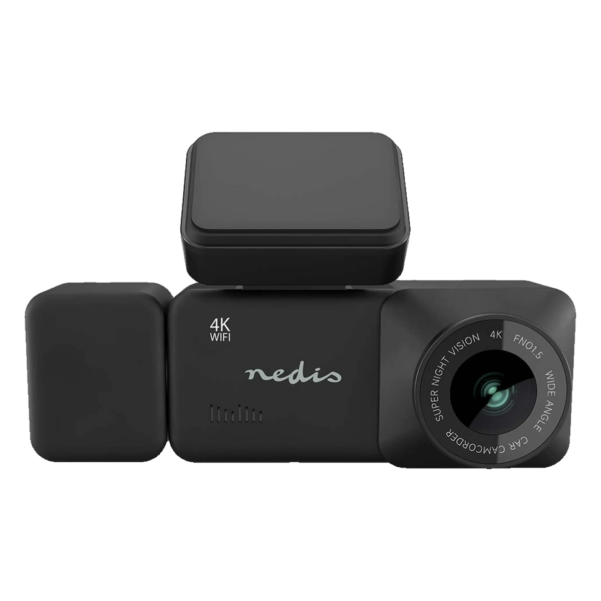 Nedis sort 4K-dashcam med dobbeltlinse, kabinekamera, GPS og Wi-Fi.
