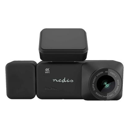 Nedis sort 4K-dashcam med dobbeltlinse, kabinekamera, GPS og Wi-Fi.