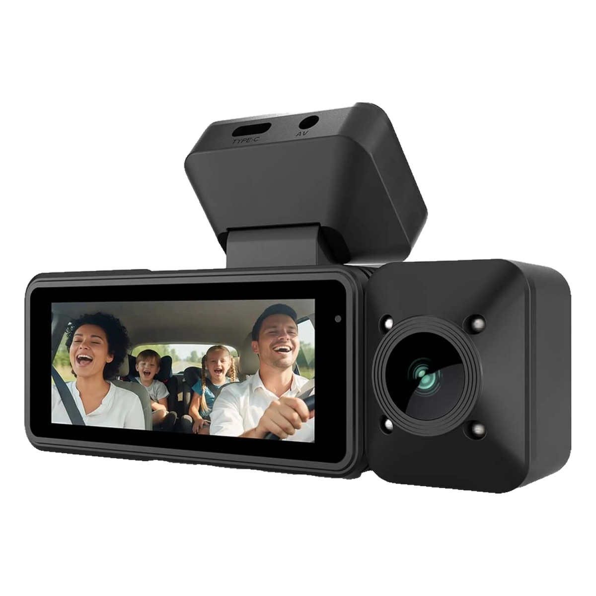 Se Nedis 4K-dashcam med kabinekamera, GPS, Wi-Fi, frontlinse og skærm med familien i bilen.