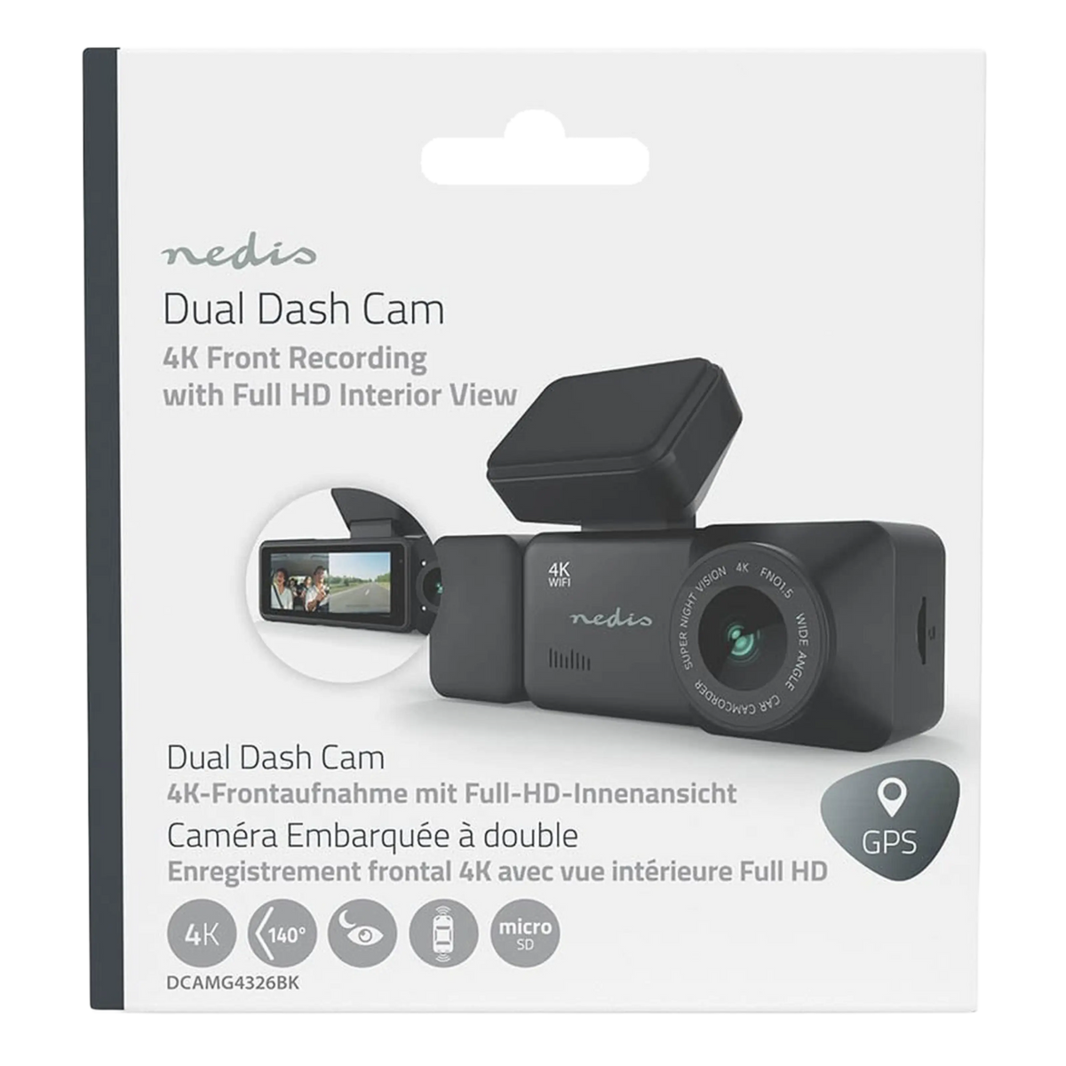 Nedis 4K-dashcam med kabinekamera, GPS og Wi-Fi, sort, med frontkamera, kabinekamera og emballage.