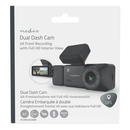Nedis 4K-dashcam med kabinekamera, GPS og Wi-Fi, sort, med frontkamera, kabinekamera og emballage.