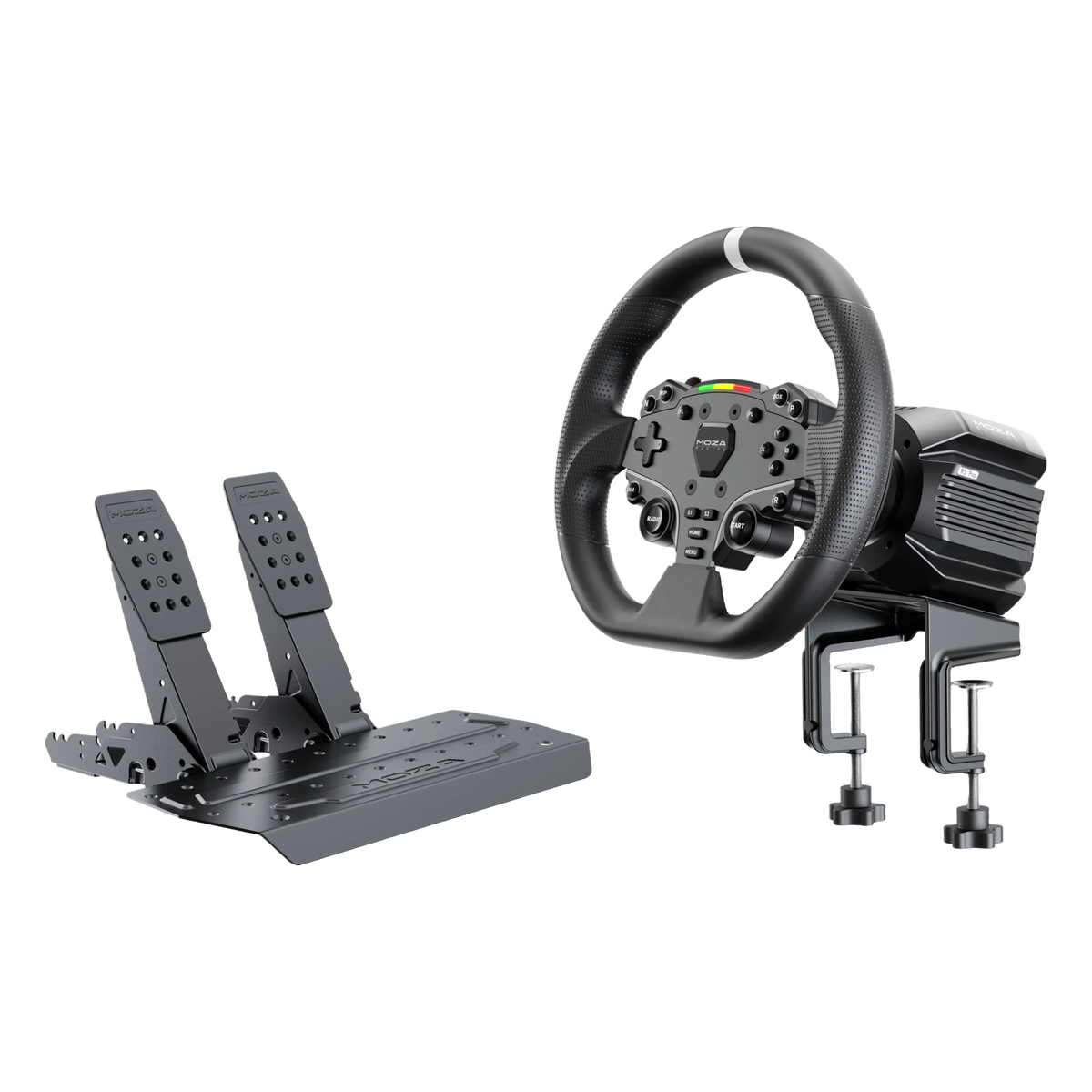 MOZA R5 Pro Racing Simulator-pakke, Direct Drive, 6 Nm, sort, med rat og to gulvpedaler.