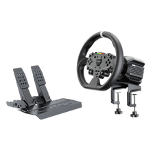 MOZA R5 Pro Racing Simulator-pakke, Direct Drive, 6 Nm, sort, med rat og to gulvpedaler.