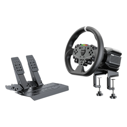 MOZA R5 Pro Racing Simulator-pakke, Direct Drive, 6 Nm, sort, med rat og to gulvpedaler.