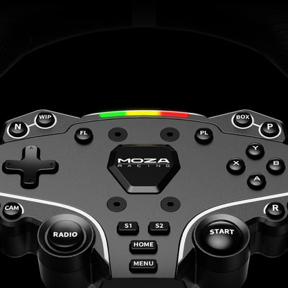 MOZA R5 Pro Racing Simulator-pakke med mus, sort med knapper og vandret LED-omdrejningsindikatorpanel til Direct Drive.