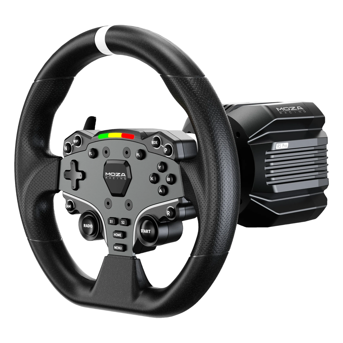 MOZA R5 Pro Racing Simulator-pakke, Direct Drive, 6 Nm, sort, D-formet rat, knapper, gearstang og motorbase.