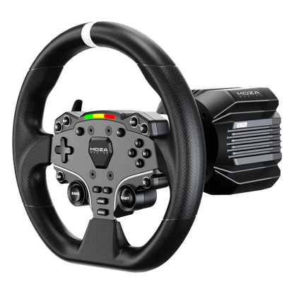 MOZA R5 Pro Racing Simulator-pakke, Direct Drive, 6 Nm, sort, D-formet rat, knapper, gearstang og motorbase.
