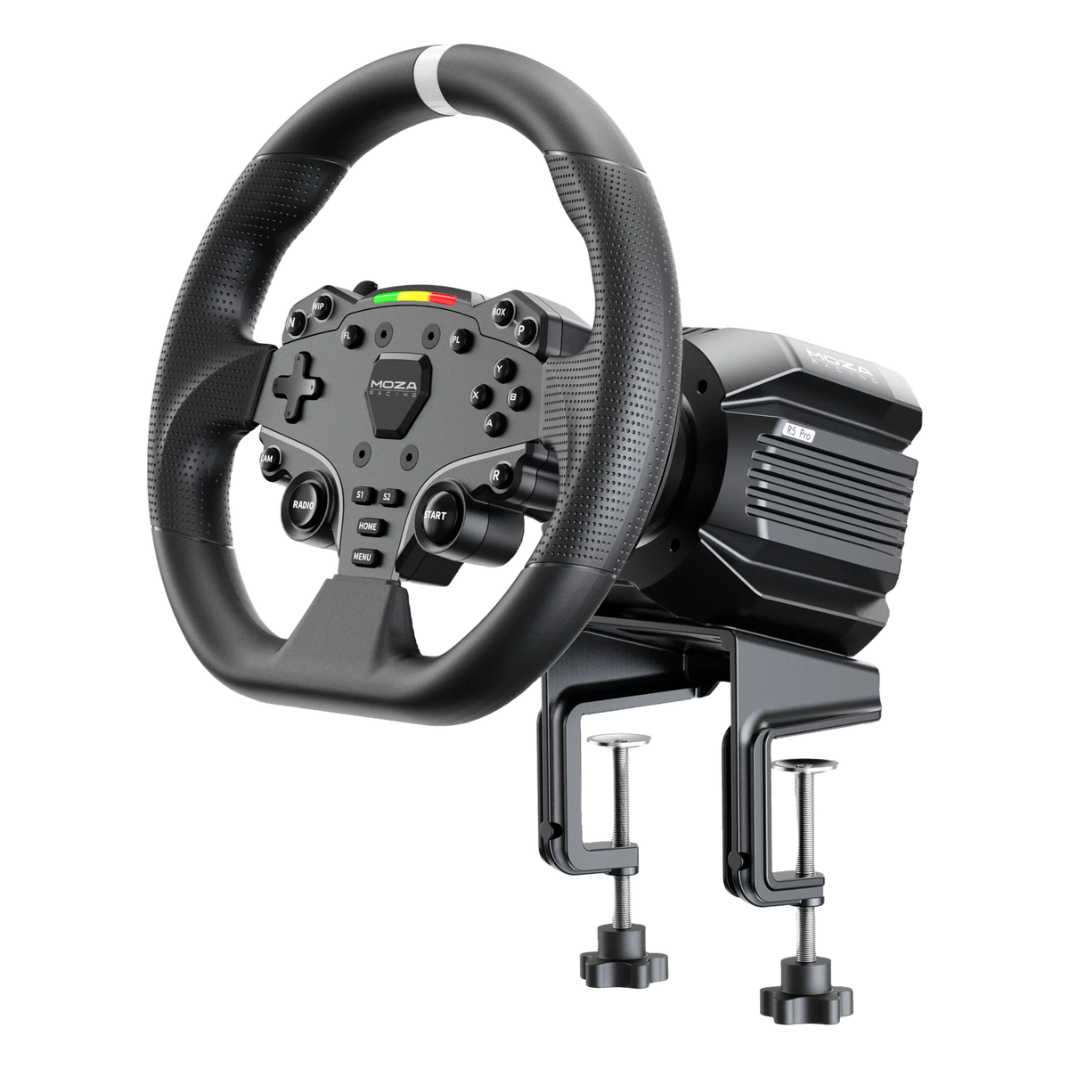 MOZA Racing R5-pakke, sort, med knapper og digital belysning, motorbase med direkte drev på bordklemme.