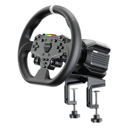 MOZA Racing R5-pakke, sort, med knapper og digital belysning, motorbase med direkte drev på bordklemme.