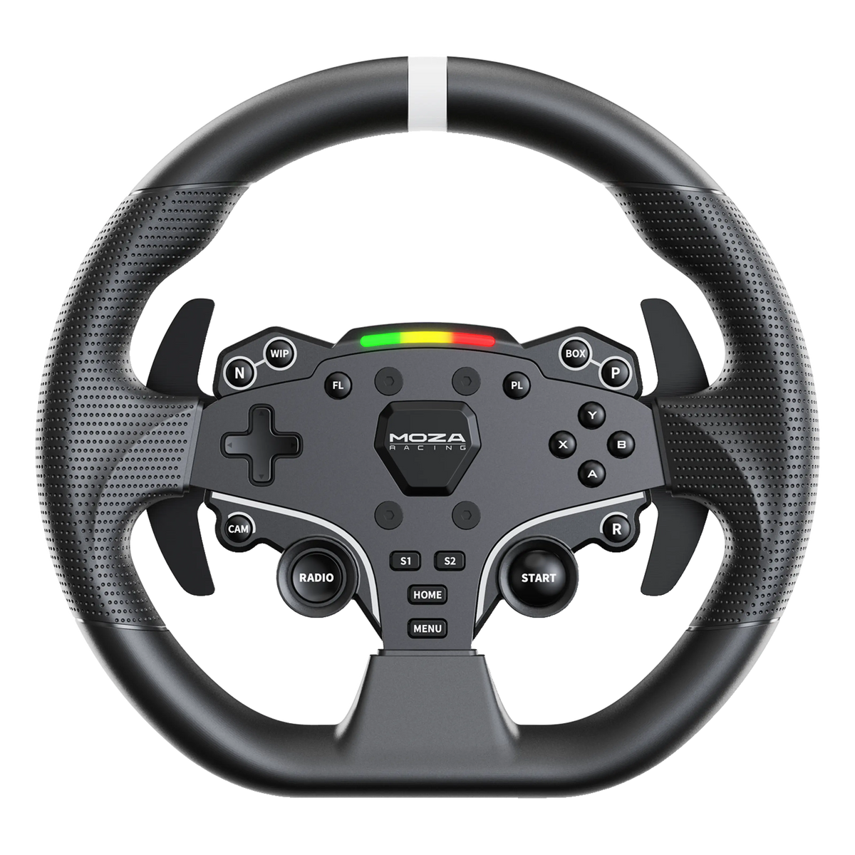 MOZA Racing R5-pakke, sort Direct Drive-rat med 6 Nm, perforeret greb, LED-stribe og knapper.