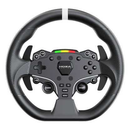 MOZA Racing R5-pakke, sort Direct Drive-rat med 6 Nm, perforeret greb, LED-stribe og knapper.