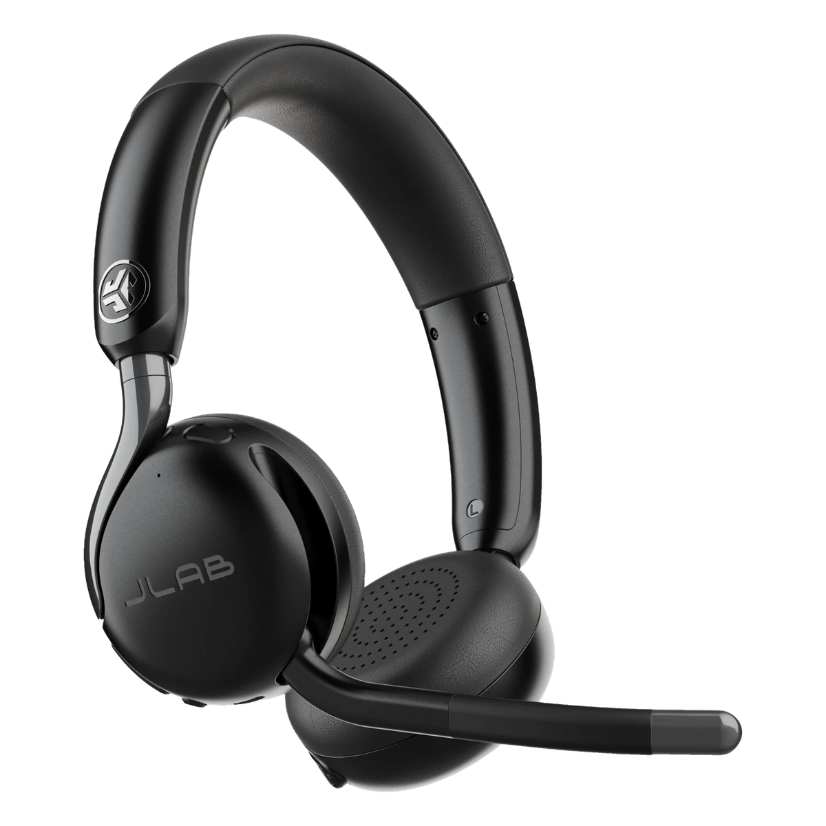 Sort JLab GO Work 3 trådløst on-ear-headset med støjreducerende mikrofonarm og polstret hovedbøjle.